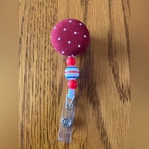 Red, White, and Blue Striped SIlicone Bead with Red Beads Interchangeable Badge